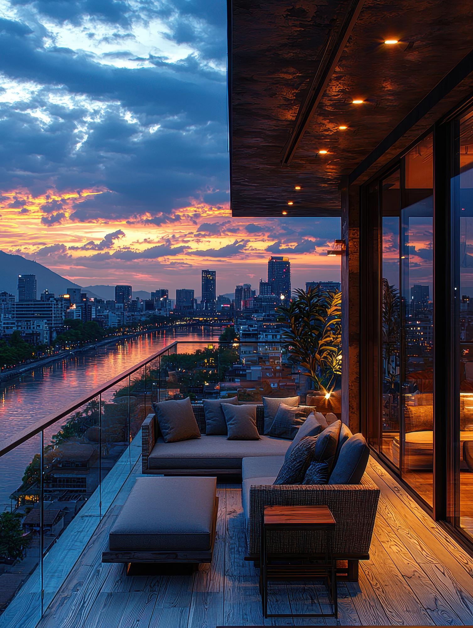 staged apartment terrace at dusk